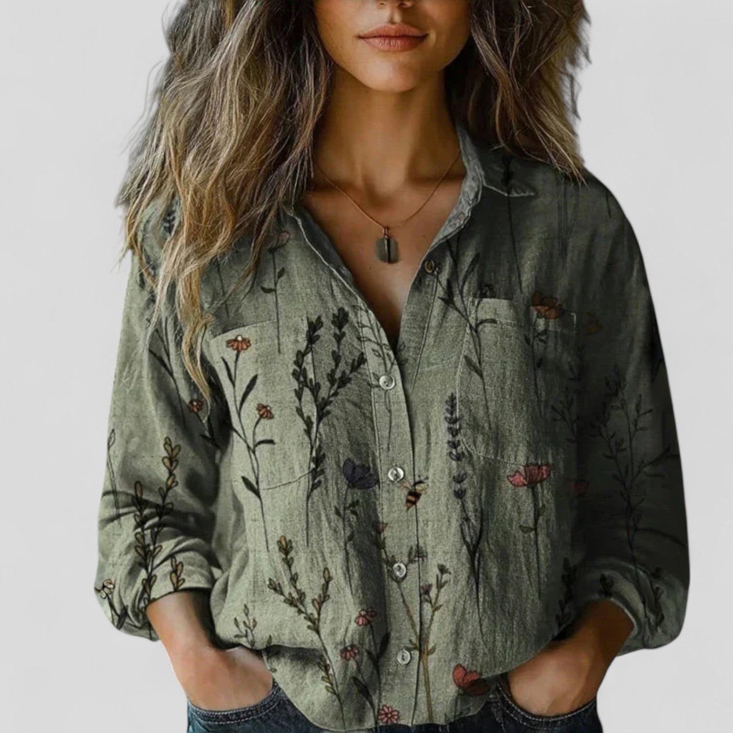 Women’s Floral Button-Down Shirt with Three-Quarter Sleeves
