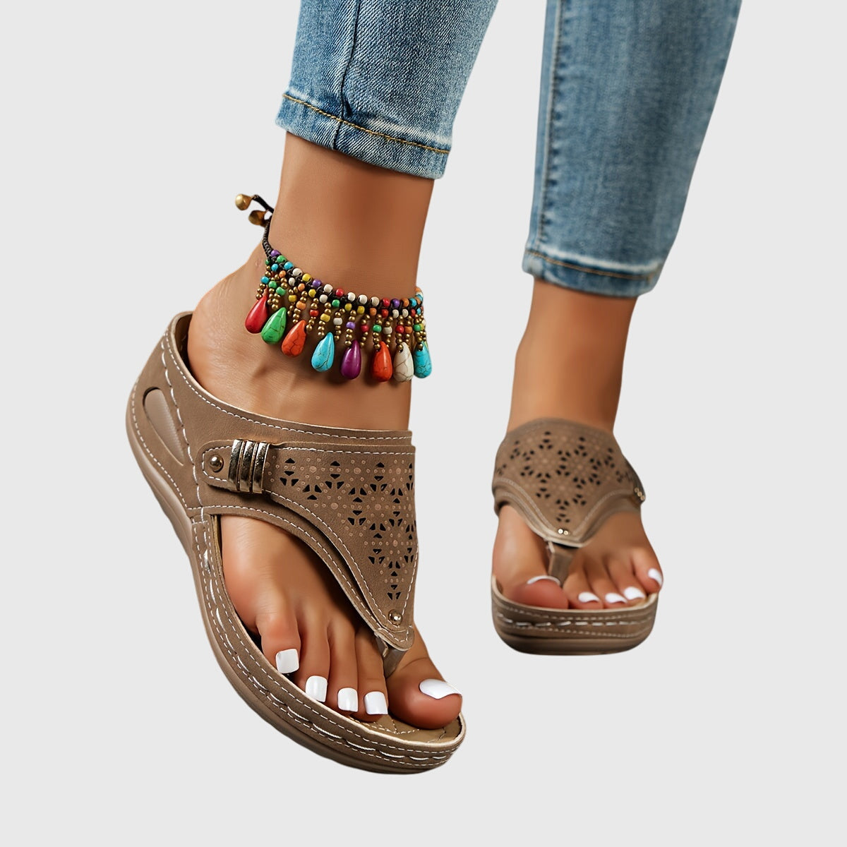 Women’s Platform Thong Sandals with Beaded Ankle Accent