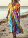 Women’s Boho Sun Print Maxi Dress with Cotton Linen Blend