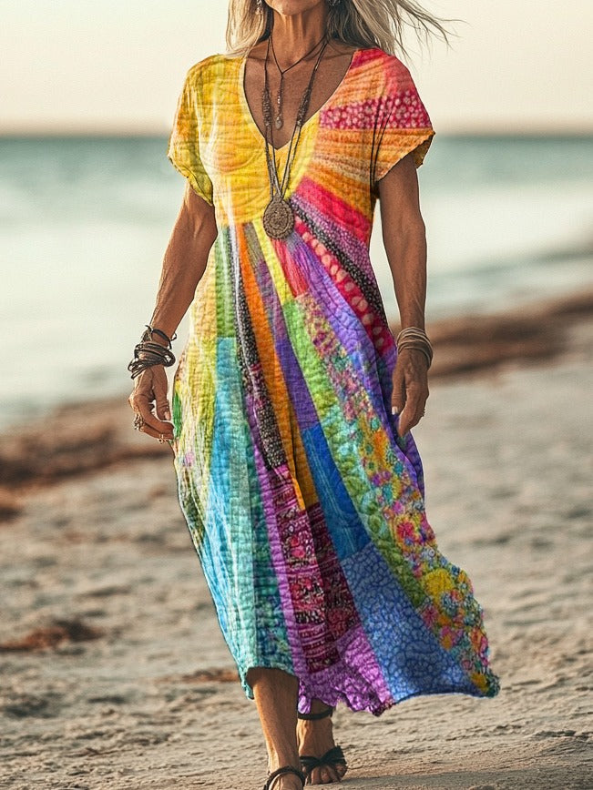 Women’s Boho Sun Print Maxi Dress with Cotton Linen Blend