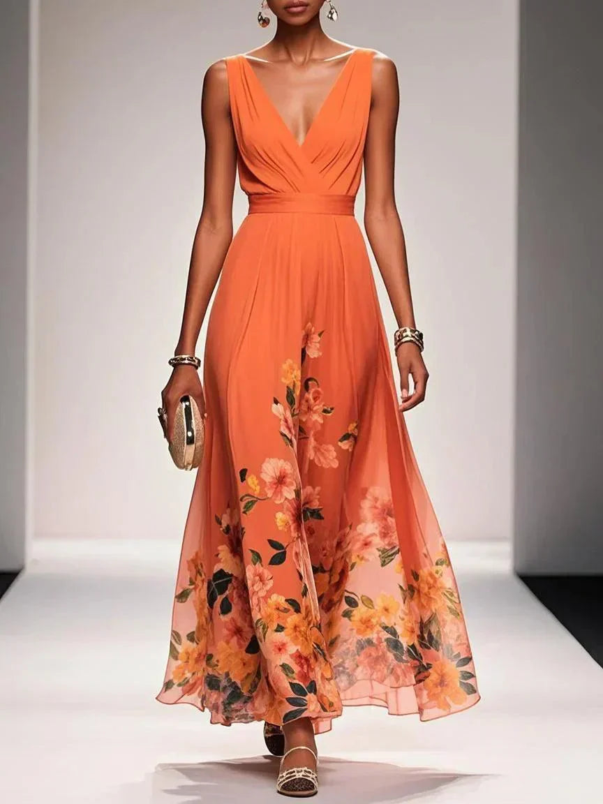 Women’s Floral Wedding Guest Dress with V-Neck