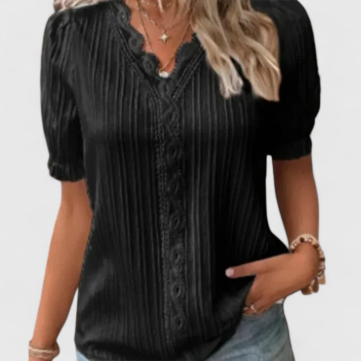 Women’s V-Neck Short Sleeve Blouse with Textured Front Detail