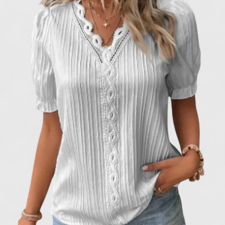 Women’s V-Neck Short Sleeve Blouse with Textured Front Detail