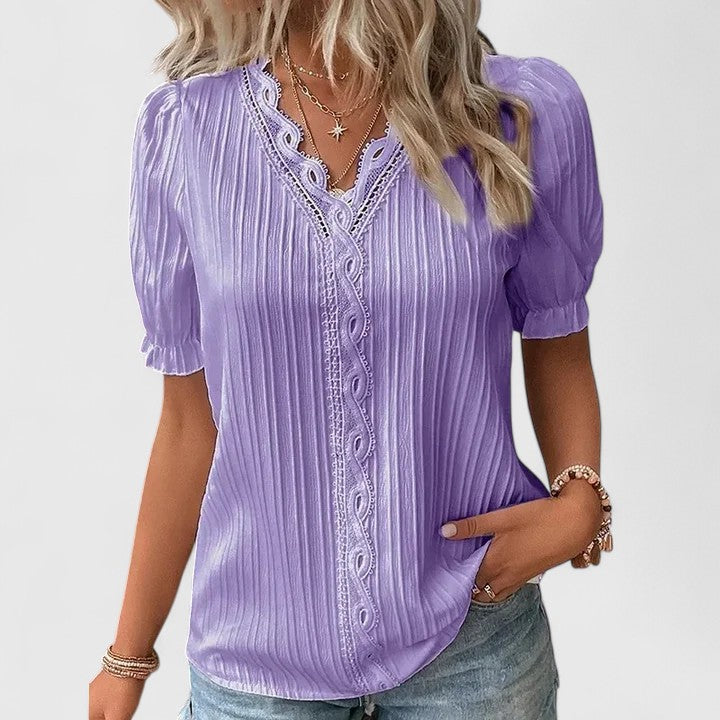 Women’s V-Neck Short Sleeve Blouse with Textured Front Detail