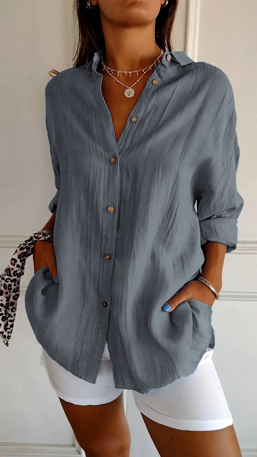 Women’s Oversized Linen Button-Down Shirt with Long Sleeves