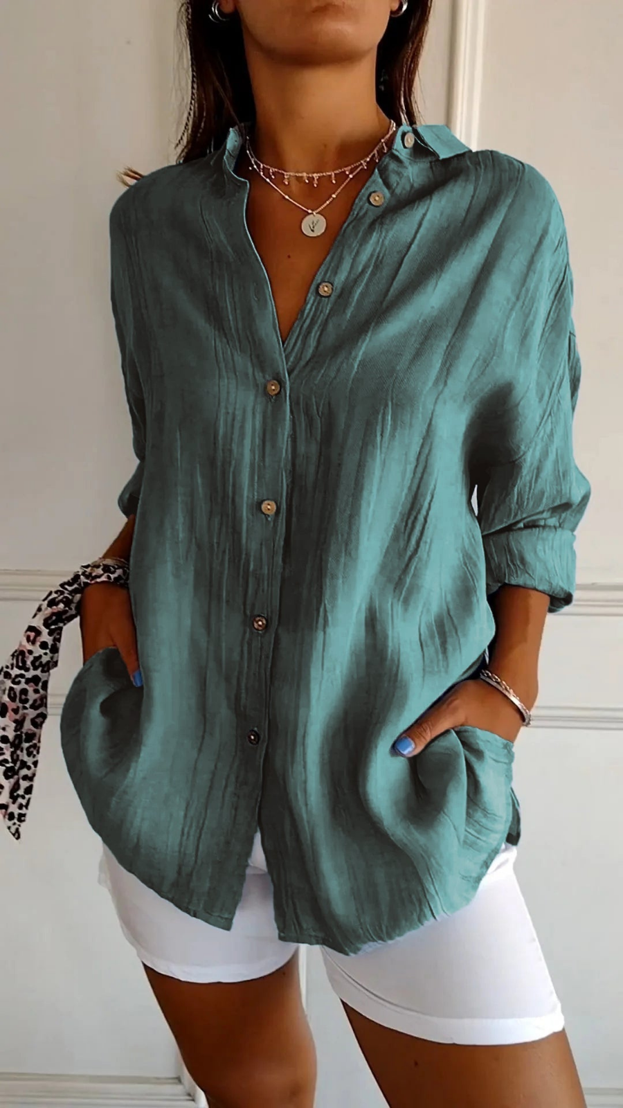 Women’s Oversized Linen Button-Down Shirt with Long Sleeves