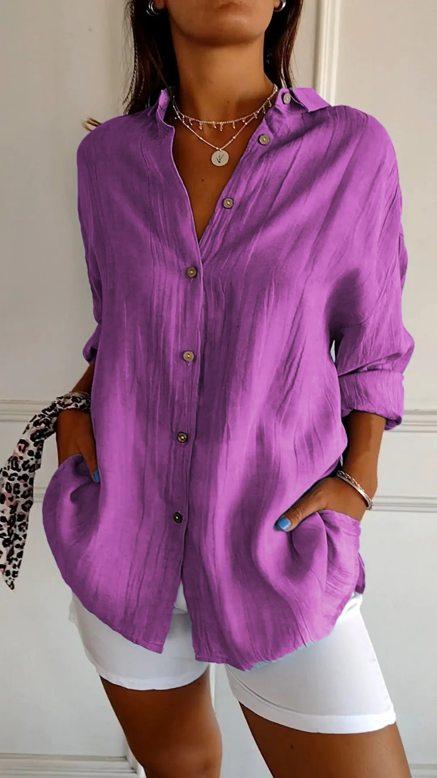 Women’s Oversized Linen Button-Down Shirt with Long Sleeves