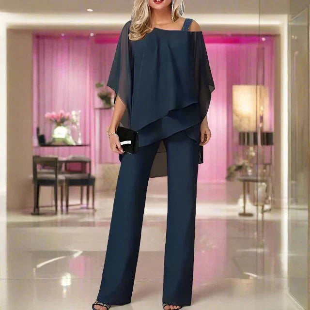 Women’s Two Piece Jumpsuit Set with Chiffon Overlay Top