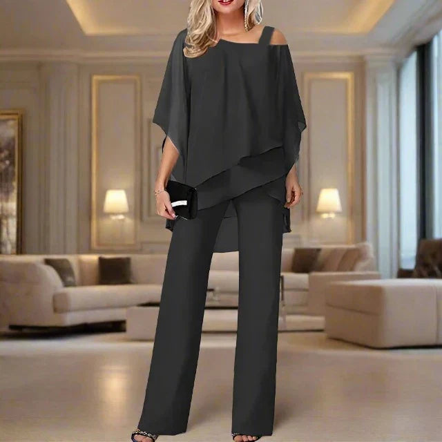 Women’s Two Piece Jumpsuit Set with Chiffon Overlay Top