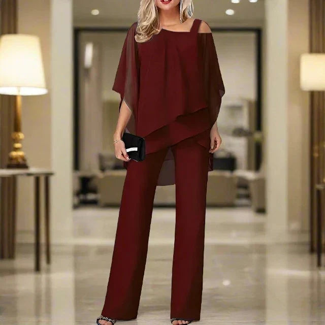 Women’s Two Piece Jumpsuit Set with Chiffon Overlay Top