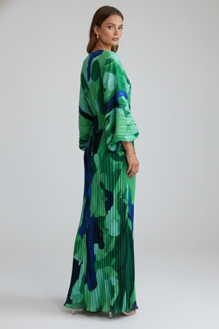 Women’s Long Pleated Dress with V Neck and Loose Sleeves