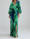 Women’s Long Pleated Dress with V Neck and Loose Sleeves