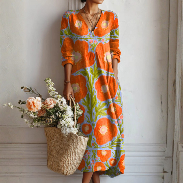 Women’s Floral Linen Maxi Dress with Relaxed Silhouette and Pockets
