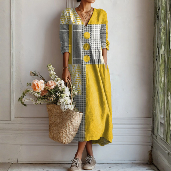 Women’s Linen Maxi Dress with Abstract Print and Relaxed Silhouette