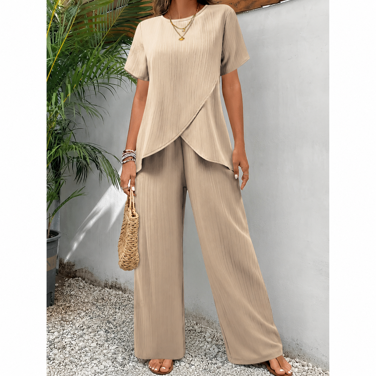 Women’s Elegant Drape Top and Wide Leg Trousers Set