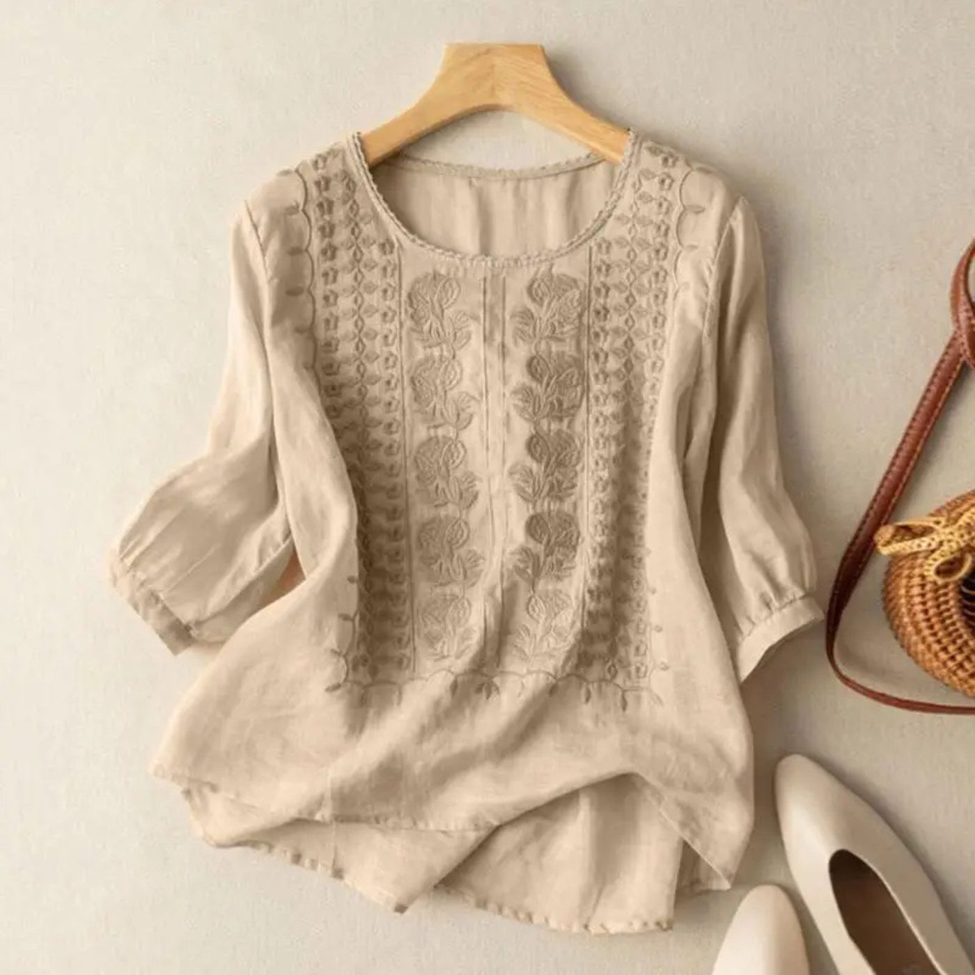 Women’s Relaxed Embroidered Blouse with Three-Quarter Sleeves