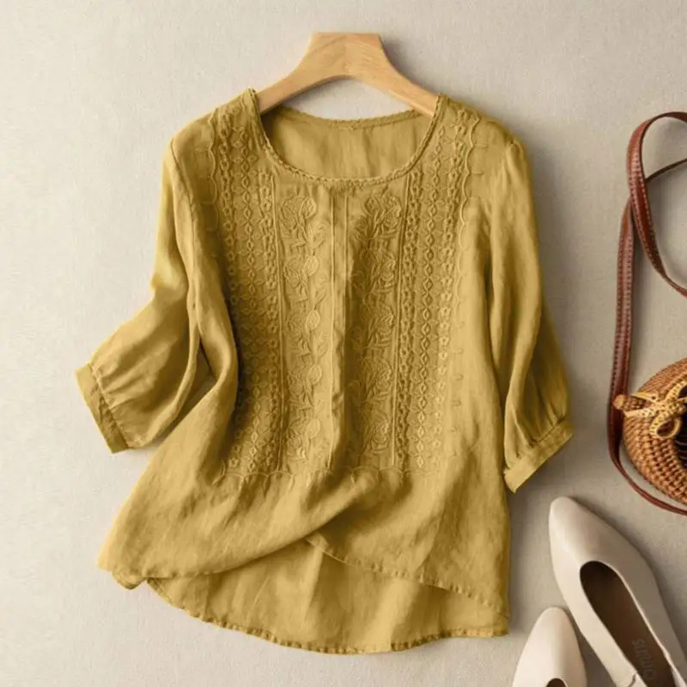 Women’s Relaxed Embroidered Blouse with Three-Quarter Sleeves