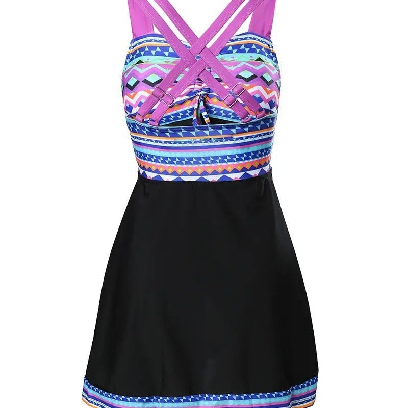 Women’s Patterned Swimsuit with Built-In Shorts and Ruched Bust