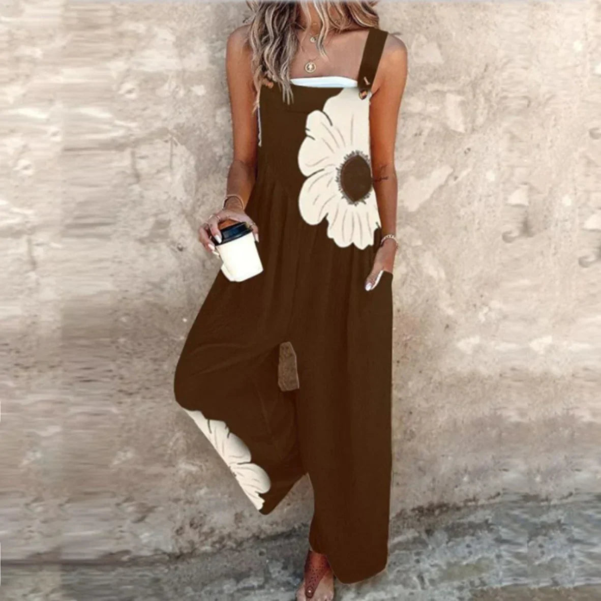 Women’s Printed Wide Leg Dungarees with Adjustable Straps