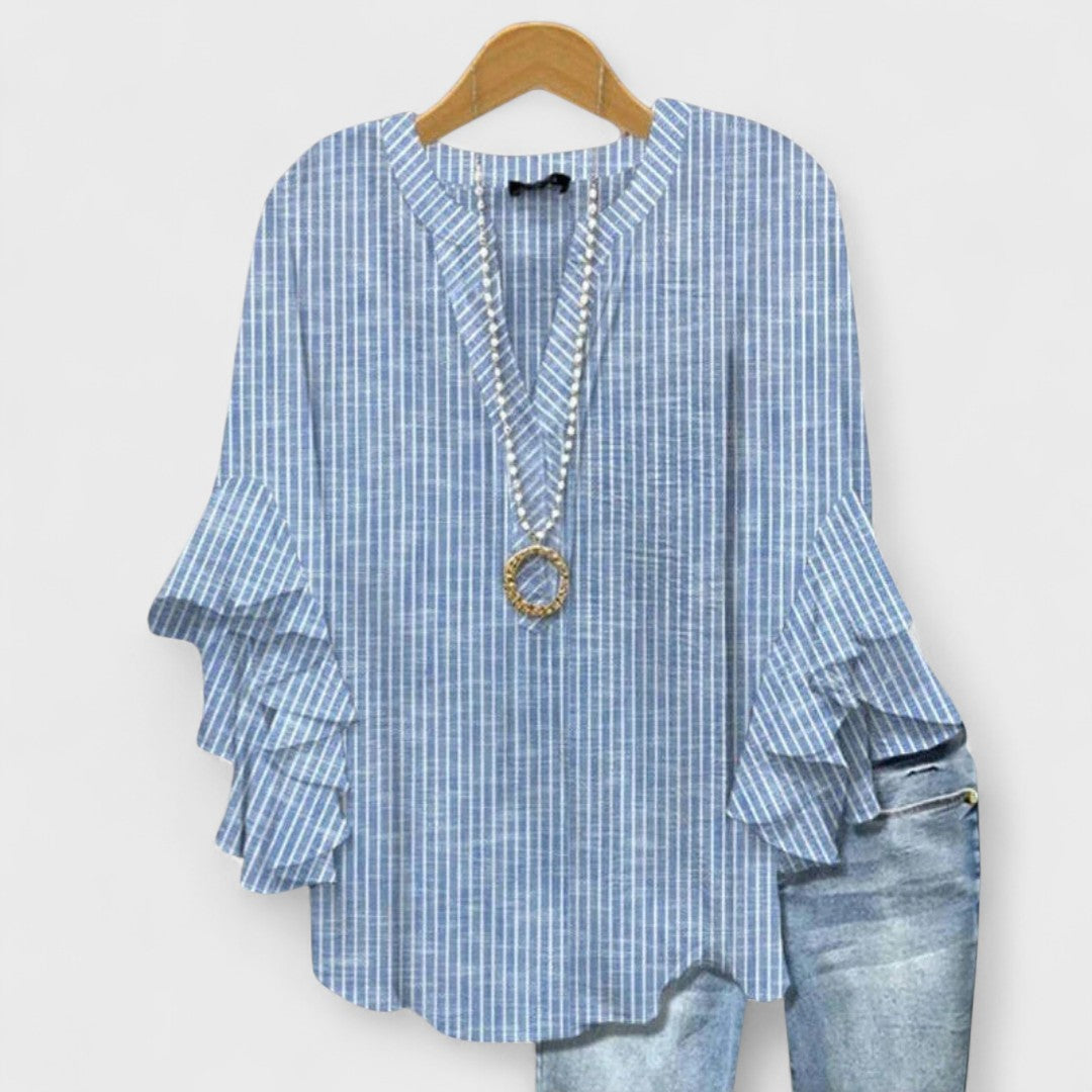 Women’s Floral Lightweight Blouse with V-Neck and Ruffle Sleeves