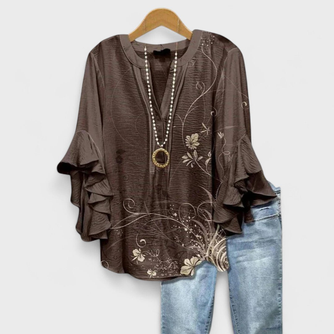 Women’s Floral Lightweight Blouse with V-Neck and Ruffle Sleeves