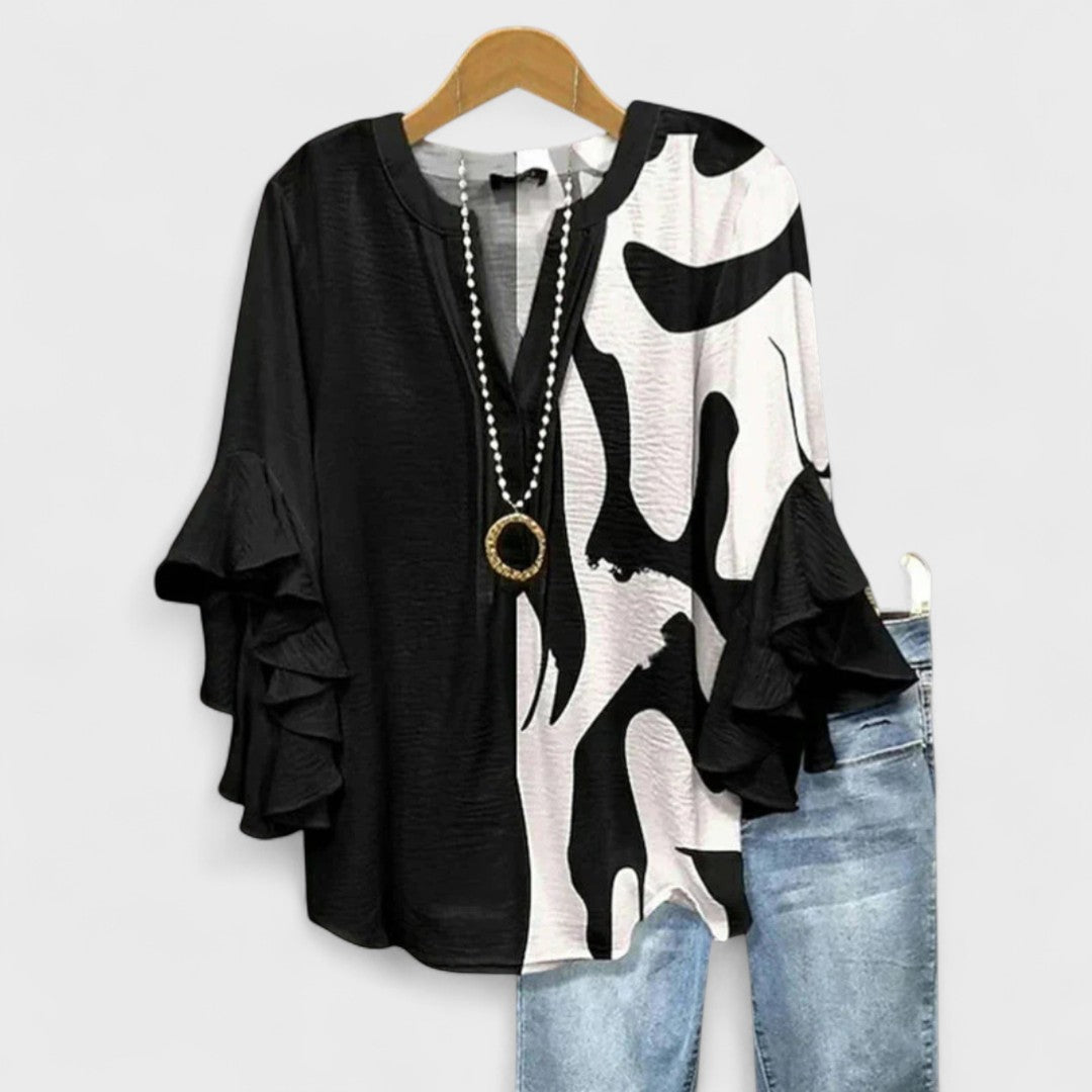 Women’s Floral Lightweight Blouse with V-Neck and Ruffle Sleeves