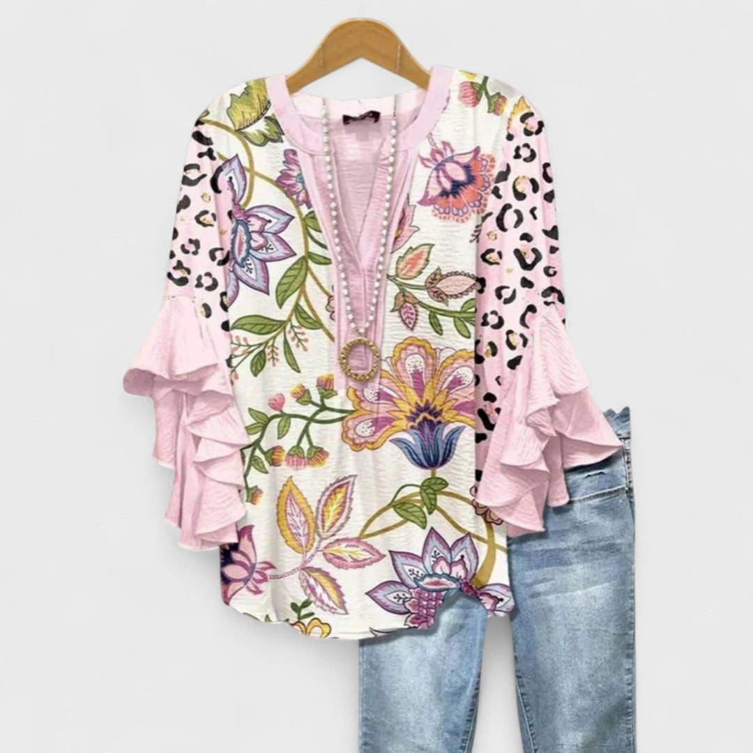 Women’s Floral Lightweight Blouse with V-Neck and Ruffle Sleeves