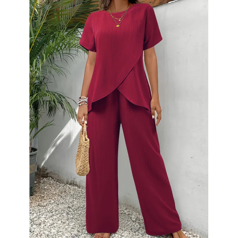 Women’s Elegant Drape Top and Wide Leg Trousers Set