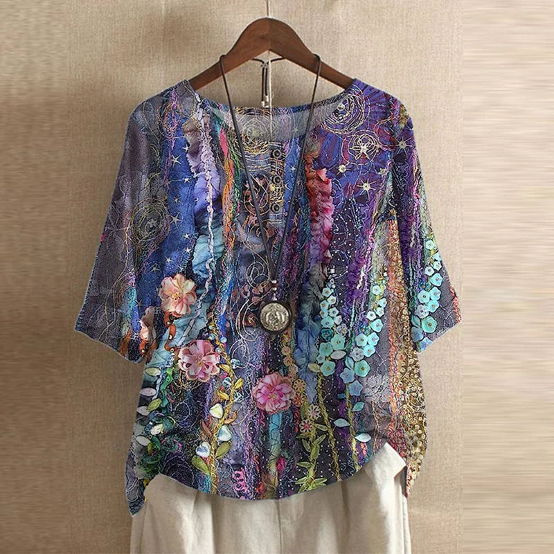 Women’s Vintage Floral Blouse with Three-Quarter Sleeves