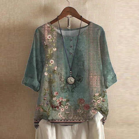 Women’s Vintage Floral Blouse with Three-Quarter Sleeves