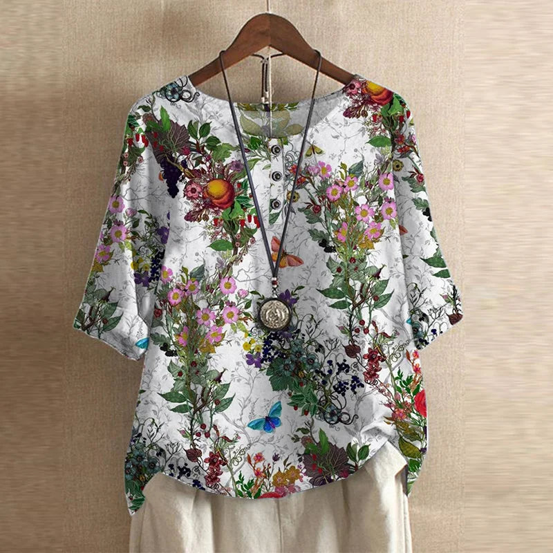 Women’s Vintage Floral Blouse with Three-Quarter Sleeves