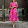 Women’s Floral Wedding Guest Midi Dress with Sheer Long Sleeves