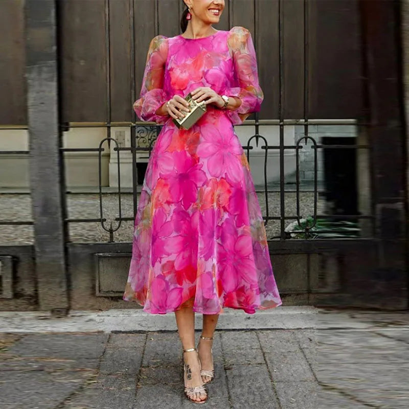 Women’s Floral Wedding Guest Midi Dress with Sheer Long Sleeves