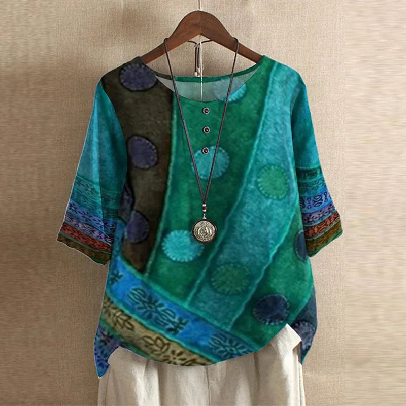 Women’s Vintage Floral Blouse with Three-Quarter Sleeves
