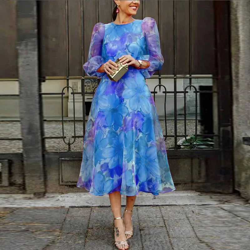 Women’s Floral Wedding Guest Midi Dress with Sheer Long Sleeves