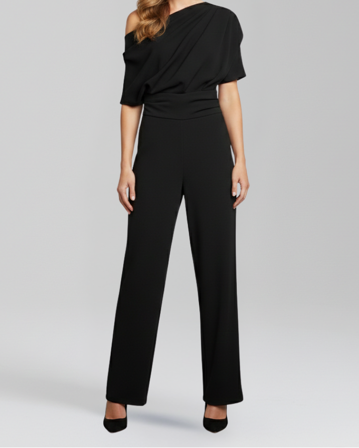 Women’s Asymmetric Neck Jumpsuit with Long Sleeves and Wide Legs