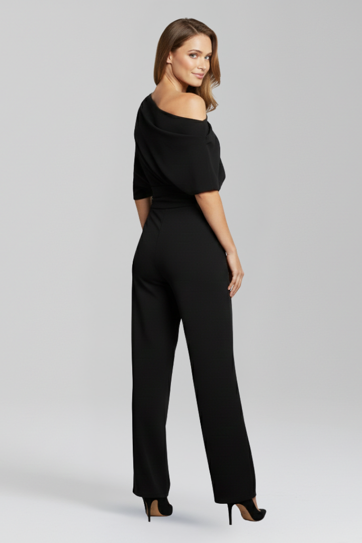 Women’s Asymmetric Neck Jumpsuit with Long Sleeves and Wide Legs