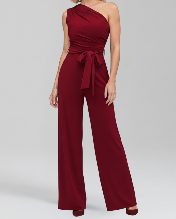 Sleeveless Asymmetric Neckline Wide Leg Jumpsuit with Waist Belt