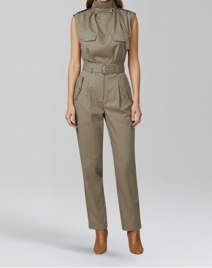 Sleeveless High Neck Jumpsuit with Belted Waist and Tapered Legs