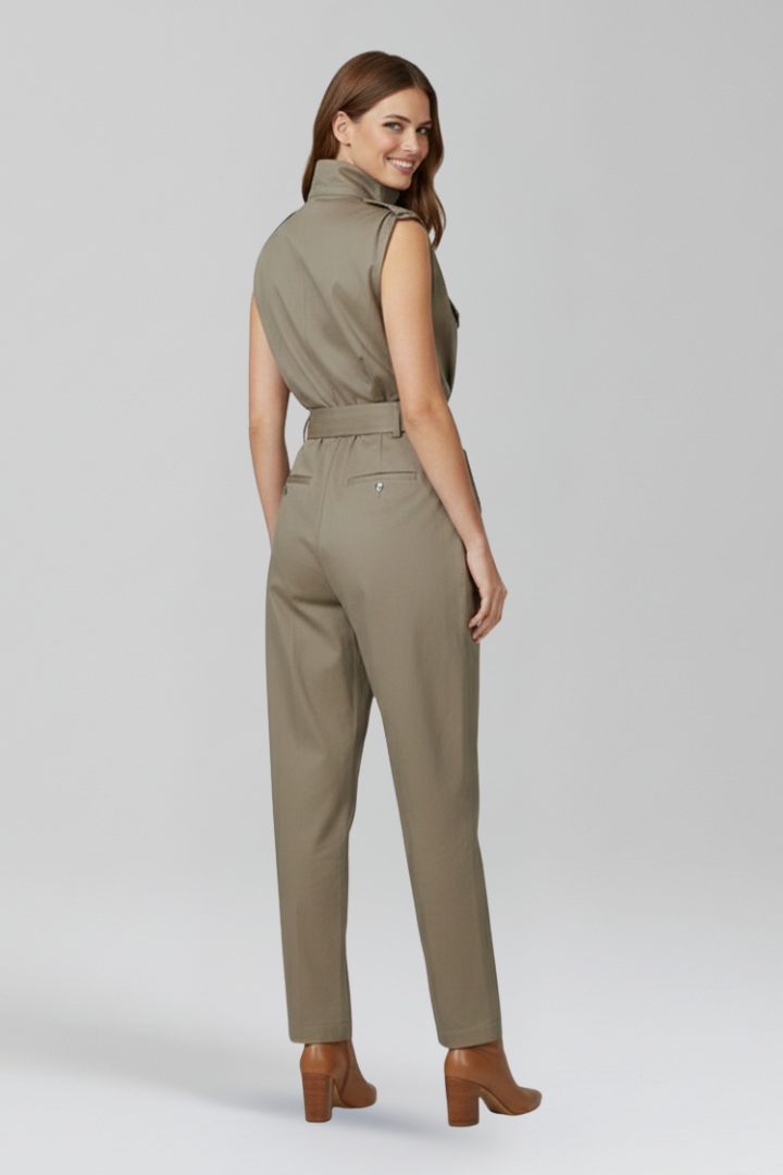 Sleeveless High Neck Jumpsuit with Belted Waist and Tapered Legs