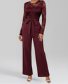 Wide Leg Jumpsuit with Lace Long Sleeves and Tied Waist Belt
