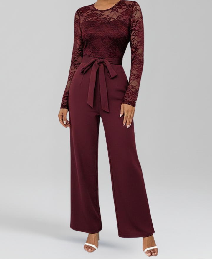 Wide Leg Jumpsuit with Lace Long Sleeves and Tied Waist Belt