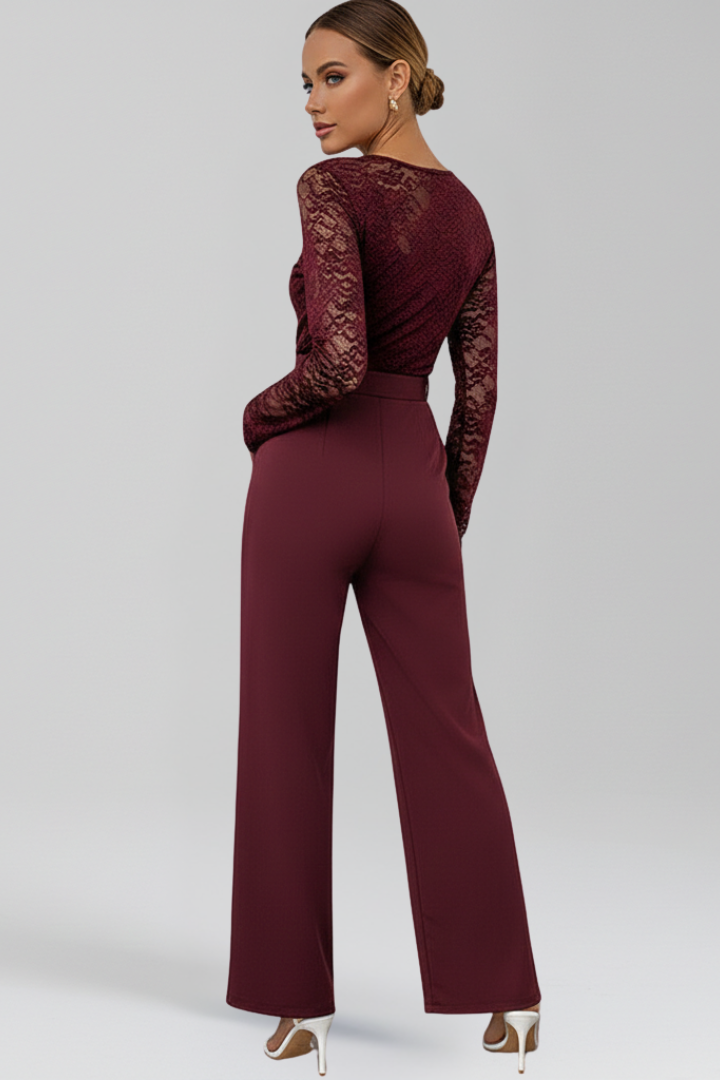 Wide Leg Jumpsuit with Lace Long Sleeves and Tied Waist Belt