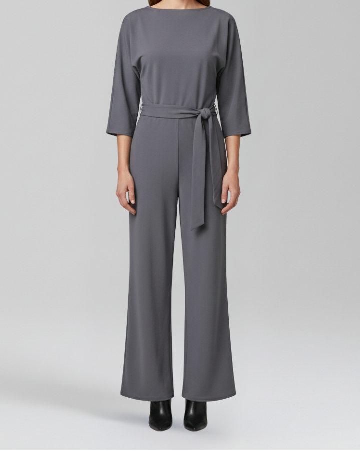 Round Neck Jumpsuit with Loose Sleeves and Tied Waist Belt