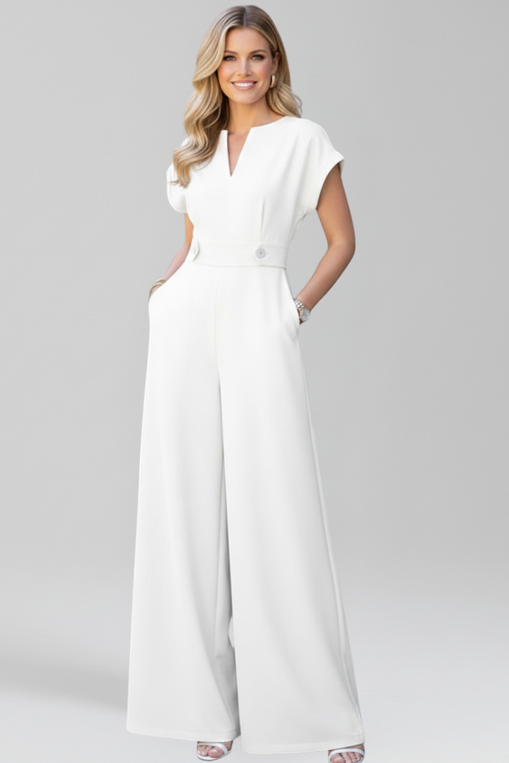 Wide Leg Jumpsuit with V Neckline and Side Pockets