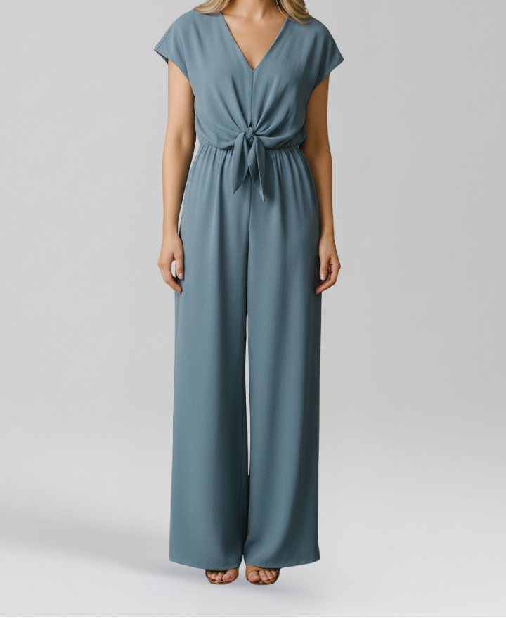 V Neck Wide Leg Jumpsuit with Tied Waist Knot