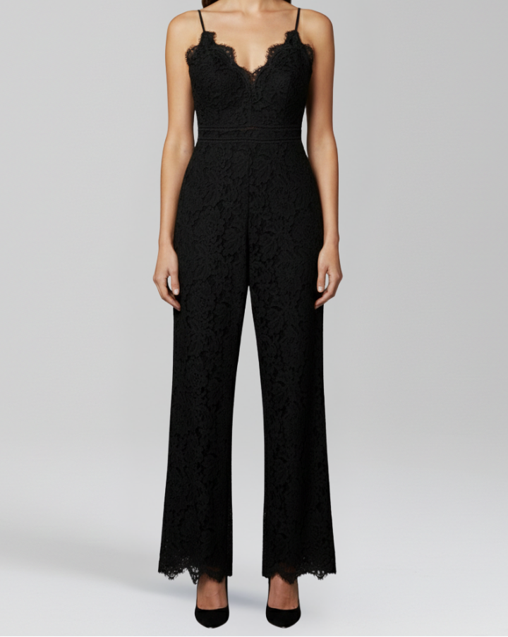 Sleeveless V Neck Jumpsuit with Lace Surface Detailing