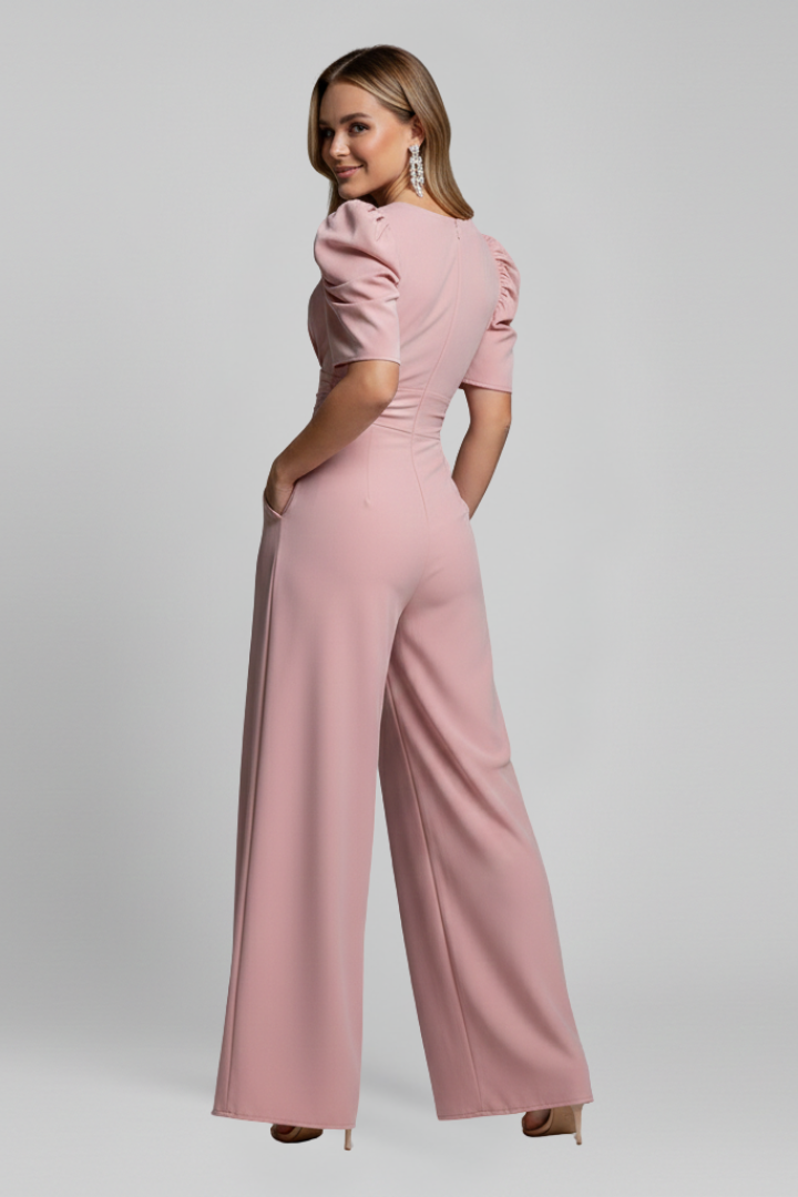 Wide Leg Jumpsuit with V Neckline and Puff Sleeves