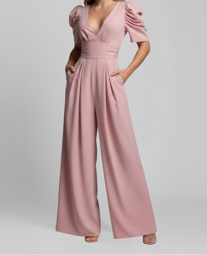 Wide Leg Jumpsuit with V Neckline and Puff Sleeves