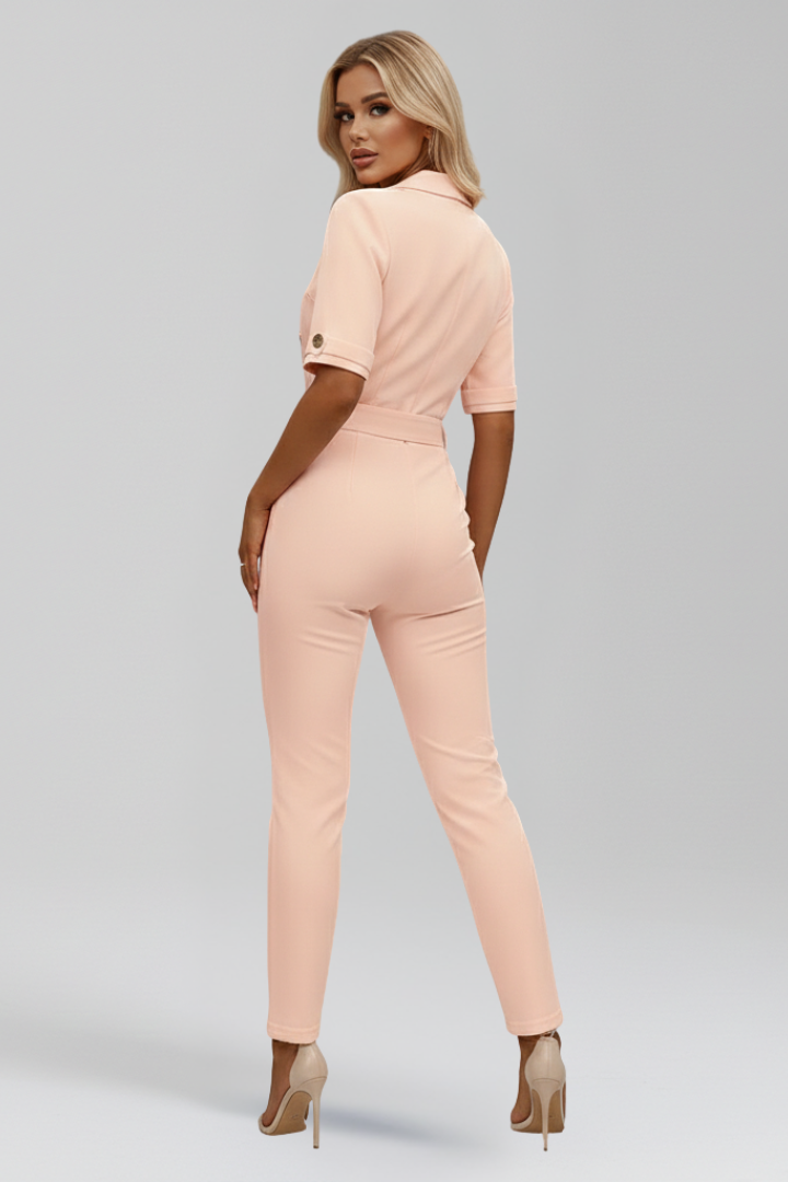 V Neck Jumpsuit with Short Sleeves Tied Waist and Button Detail